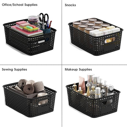 Plastic Storage Basket with Lids 10 Pack Stackable Black Storage Bins Containers with Lid, Decorative Storage Boxes for Organizing Shelves, Drawers, Playroom, Classroom, Office, Closet