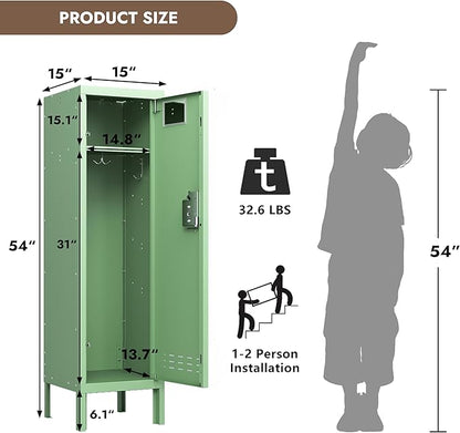 Metal Storage Locker with Lock & Card Slot Locker - Secure Lockable Door - Steel Locker for School, Office, Gym, Home - 54" H x 15" W x 15" D（1 Door, Mint）
