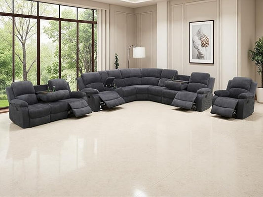 Dark Grey Corduroy Reclining Sectional Sofa Set Recliner Sofa Couch and Chair with Cup Holders, Living Room Funiture Sets with Drop-Down Table, Storage Console for Living Room, Home Theatre