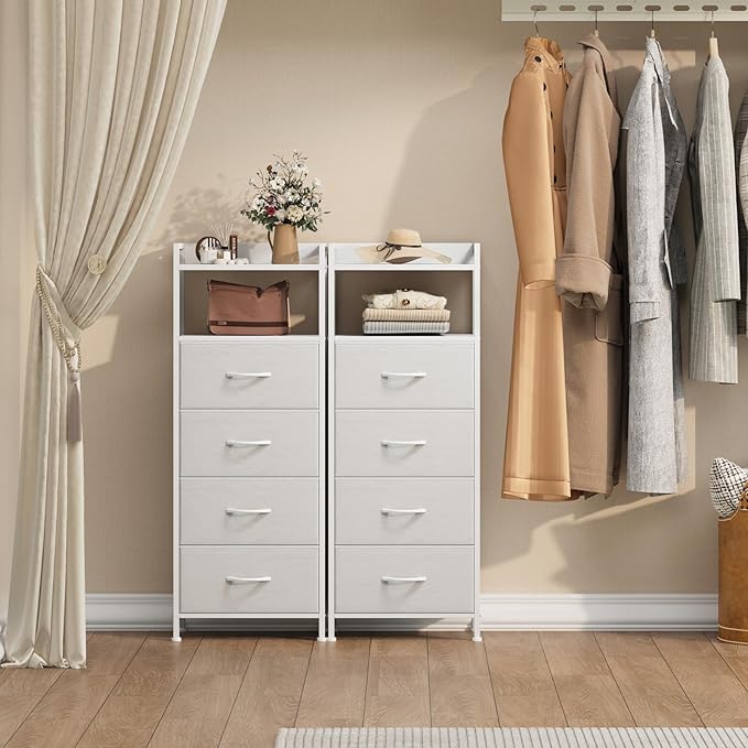Somdot White Nightstand with 4 Drawers, Vertical Storage Tower Fabric Dresser for Bedroom, Nightstand Bedside Table Furniture, Sturdy Steel Frame, Wooden Top & Easy Pull Fabric Bins
