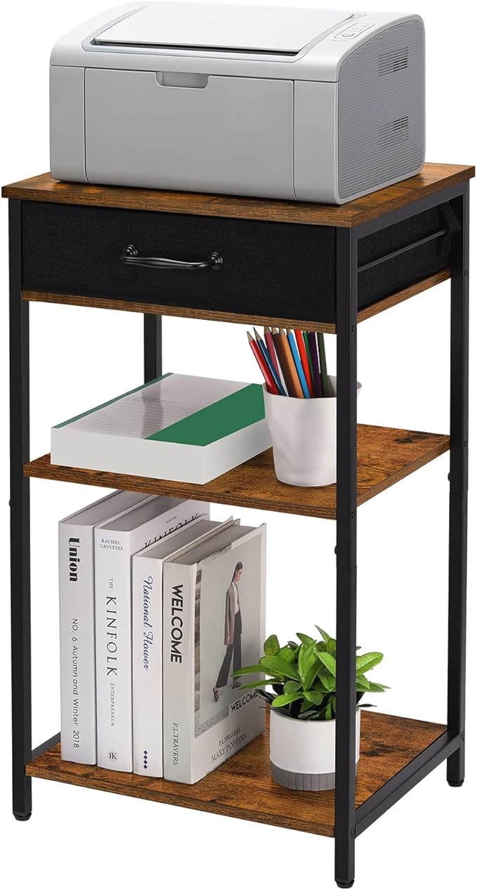 BTY Printer Stand with Storage 3 Tier Home Printer Table with Drawers Multifunctional Under Desk Printer Shelf Holder Industrial End Table Nightstand for Fax Machine Scanner Files Brown