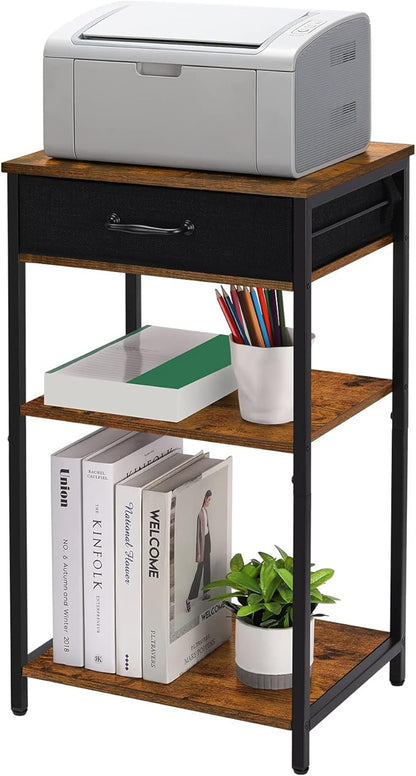 BTY Printer Stand with Storage 3 Tier Home Printer Table with Drawers Multifunctional Under Desk Printer Shelf Holder Industrial End Table Nightstand for Fax Machine Scanner Files Brown