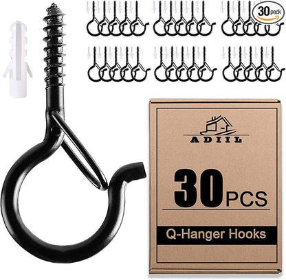 ADIIL 30 PCS Q Hanger Hooks with Safety Buckle, Windproof Screw Hooks for Hanging Outdoor String Lights, Plants, Christmas Patio Lights, 2.2 Inches, Black