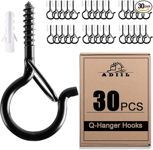 ADIIL 30 PCS Q Hanger Hooks with Safety Buckle, Windproof Screw Hooks for Hanging Outdoor String Lights, Plants, Christmas Patio Lights, 2.2 Inches, Black