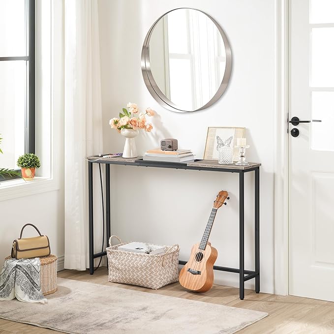 HOOBRO Narrow Console Table with Power Outlets, 44.9 Inches Sofa Table, Slim Behind Couch Table, Entryway Table with Display Shelf, for Living Room, Foyer, Hallway, Greige and Black BG114UXG01