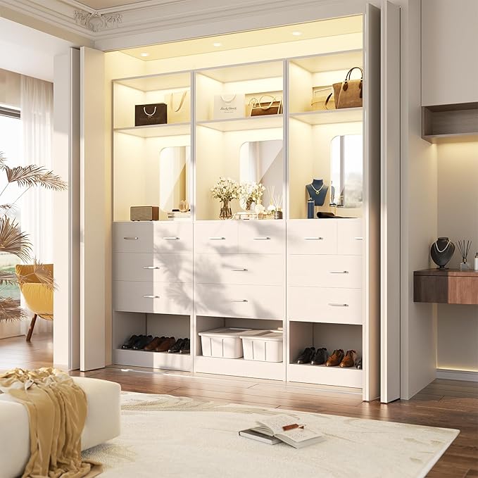 Unikito 25" Closet System with Drawers, 2FT Freestanding Closets Organizer with Storage Shelves and Mirror, Sturdy Walk in Closet Tower for Bedroom, Mudroom and Entryway, 25" W x 16" D x 80" H, White
