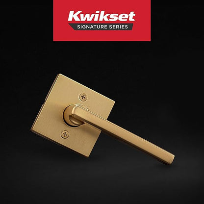 Kwikset Halifax Dummy Door Handle, Single Sided Lever for Closets, French Double Doors, and Pantry, Satin Brass Non-Turning Reversible Interior Push/Pull Lever, with Microban Protection