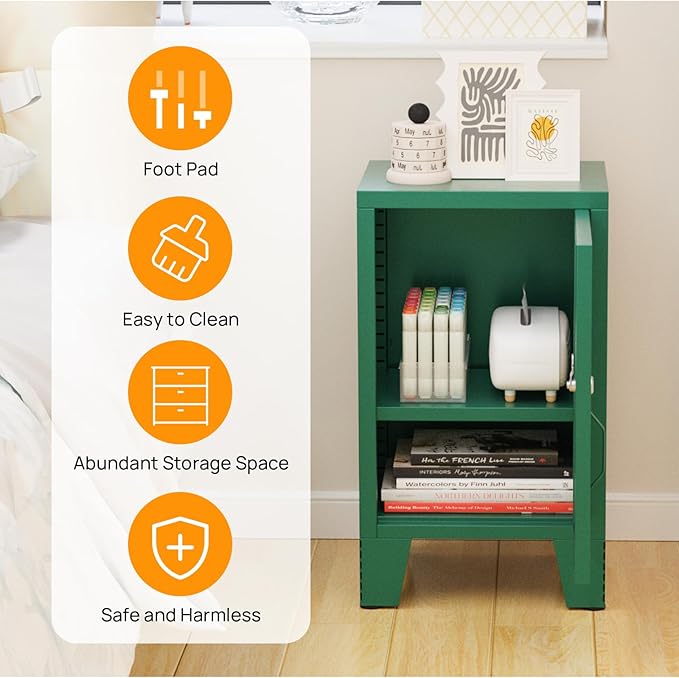 ALBAD Metal Nightstand with Lockable Cabinet, Compact Mini Locker Bedside Table for Kids & Adults, Modern Steel Side Table for Bedroom, Dorm, or Living Room (Green)