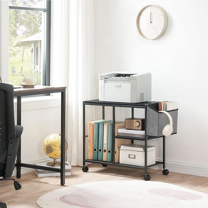 Printer Stand with Storage Bag, 3-Tier Mobile Under Desk Printer Cart with Wheels, Wooden Rolling Printer Table, Organizer Shelf for Study, Office, Living Room, Black PTHB2201