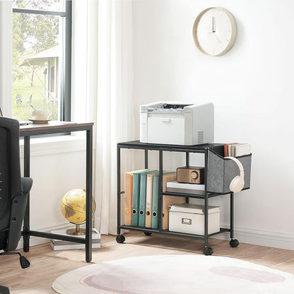 Printer Stand with Storage Bag, 3-Tier Mobile Under Desk Printer Cart with Wheels, Wooden Rolling Printer Table, Organizer Shelf for Study, Office, Living Room, Black PTHB2201