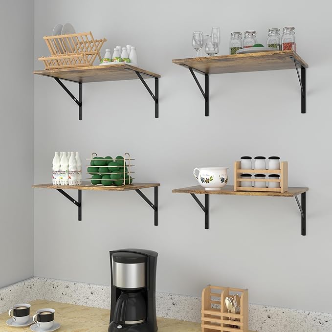 Deep Floating Wall Shelves - 4 Sets of 12 Inch Wide Rustic Brown Wood Shelves for Bathroom, Bedroom, Kitchen, Living Room