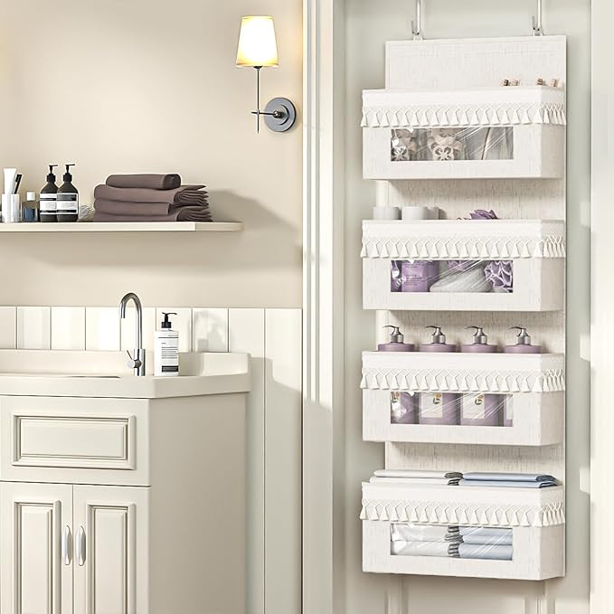 Aokeyee 4 Tier Over The Door Organizer Storage Nursery, Boho Door Organizer Hanging with Tassels and Clear Window, 55lb Behind The Door Storage for Baby Nursery, Bedroom, Bathroom, Laundry, Pantry