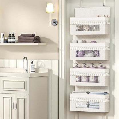 Aokeyee 4 Tier Over The Door Organizer Storage Nursery, Boho Door Organizer Hanging with Tassels and Clear Window, 55lb Behind The Door Storage for Baby Nursery, Bedroom, Bathroom, Laundry, Pantry