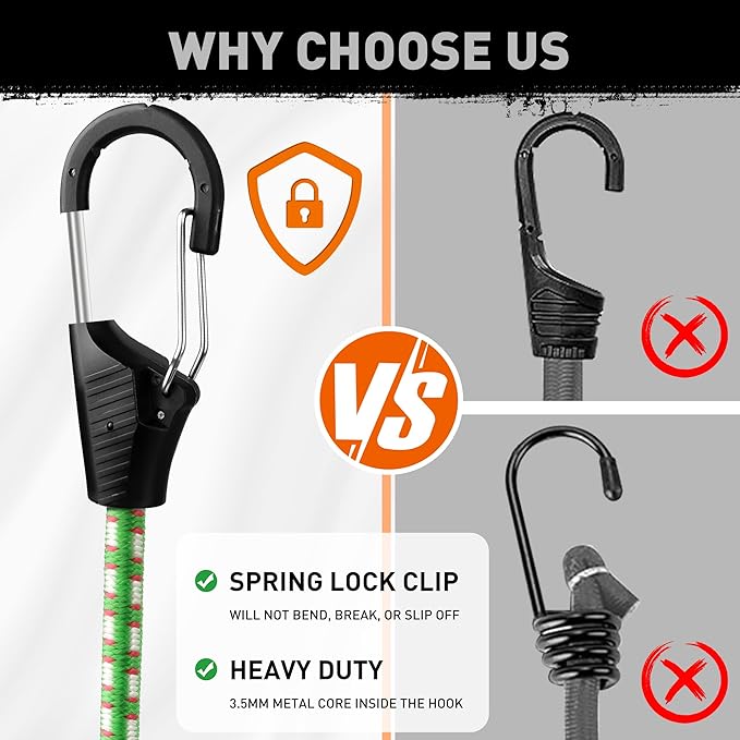 HORUSDY 10-Piece Heavy Duty Bungee Cords with Metal Hooks, 40” Elastic Bungee Straps for Outdoor, Camping, Garage Storage, and Kayaking