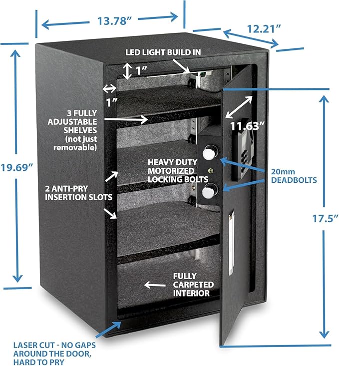 Viking Security Safe Large Biometric Safe – Quick-Access Fingerprint, PIN & Key Entry, Heavy-Duty Steel with Anti-Pry Door, Adjustable Shelves, Interior LED Light VS-50BLX