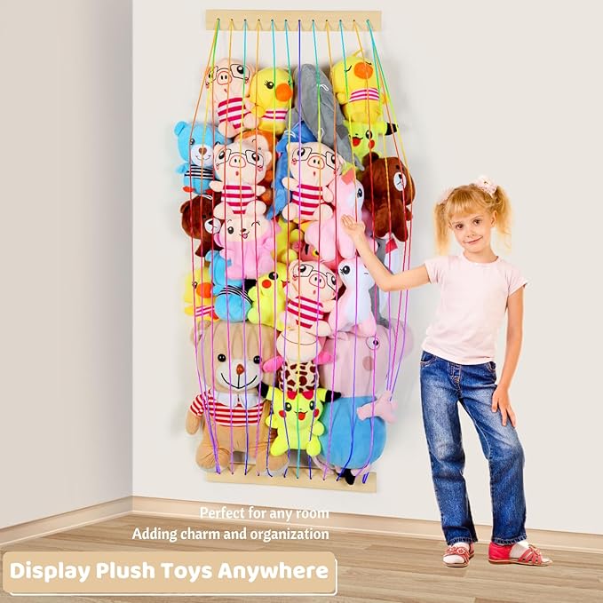 Stuffed Animal Storage Wood Soft Toy Organizer for Kids Room，Cute and Durable Wall or Door Mount Length Adjustable Hanging Stuffed Animal Toy Organizer Shelf for Nursery Play Room Rainbow -Patent