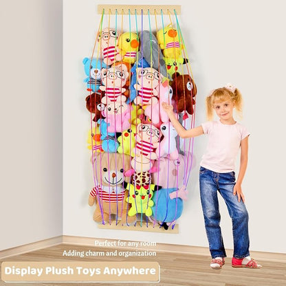 Stuffed Animal Storage Wood Soft Toy Organizer for Kids Room，Cute and Durable Wall or Door Mount Length Adjustable Hanging Stuffed Animal Toy Organizer Shelf for Nursery Play Room Rainbow -Patent