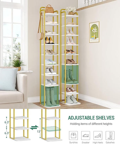 10 Tiers Vertical Shoe Rack, Narrow Shoe Tower, Tall Shoes Shelf with 2 Hooks, Adjustable Shelves, Corner Shoes Shelves for Small Spaces, Entryway, Living Room, White Gold SR11213A