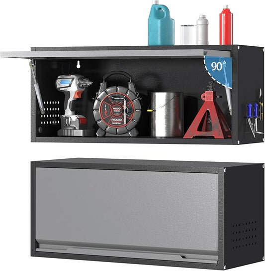 Metal Garage Wall Cabinet,Float Tool Cabinets with Up-Flip Door,Wall Mounted Metal Steel Cabinet for Garage/Home Office/RV/Ware House（13.8" H