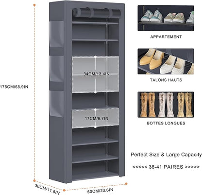 OYREL Shoes Rack 10 Tier Tall Shoe Rack with Storage Pockets, Fabric Covered Shoe Racks,Metal Shoes Rack Organizer for Closets,Bedroom, Garage