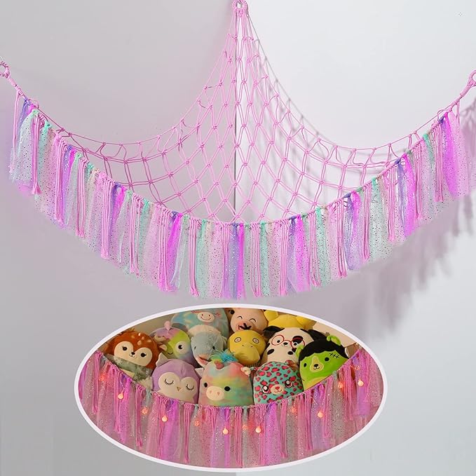 Stuffed Animal Storage Macrame Boho Plush Toy Net Hammock for Stuffed Animals with Light Pet Net for Stuffed Animals Corner Hanging Stuffed Animal Holder Teddy Bear Net for Kids Room (Shiny Pink)