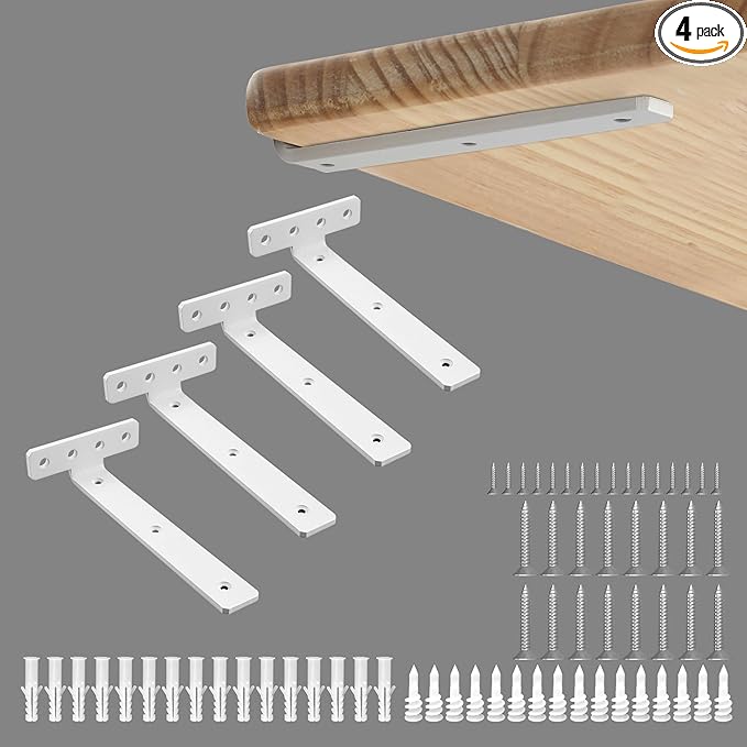 Alise White Shelf Brackets 8 Inch,Heavy Duty Floating Shelf Bracket Mounting Brackets,Hidden L Brackets for Shelves,Metal Decorative Shelf Brackets Wall Shelf Supports Brackets DIY,Pack of 4