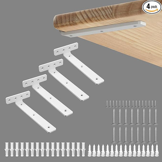 Alise White Shelf Brackets 8 Inch,Heavy Duty Floating Shelf Bracket Mounting Brackets,Hidden L Brackets for Shelves,Metal Decorative Shelf Brackets Wall Shelf Supports Brackets DIY,Pack of 4