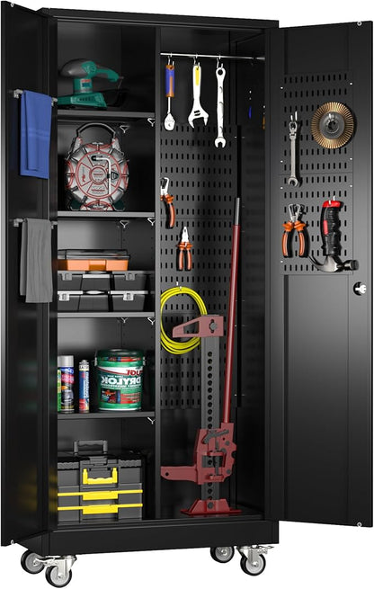 Broom Closet Storage Cabinet with Wheels, 5 Pegboard and 13 Hooks, Metal Garage Storage Cabinet with Doors and 4 Adjustable Shelves for Garage Home Bathroom, 17.7" D x 33.5" W x 70.87" H, Black