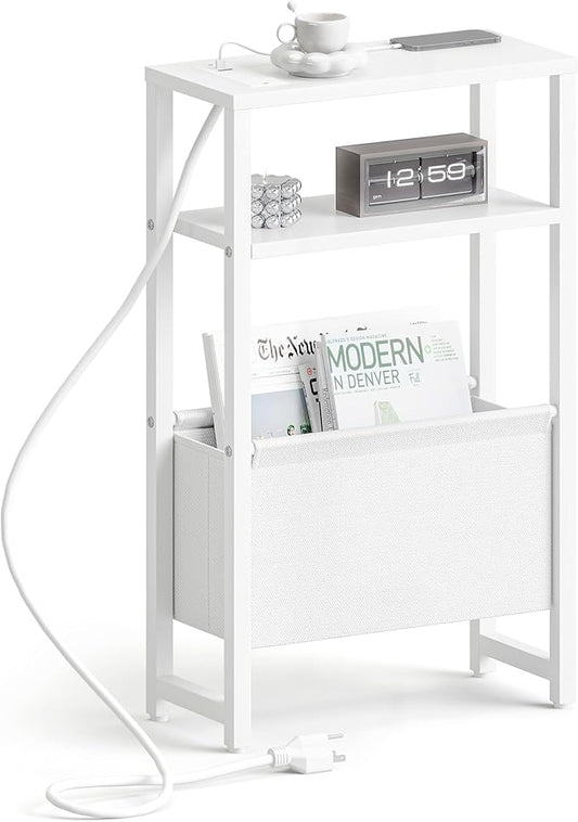 Narrow Side Table with Charging Station Slim End Table Sofa with Magazine Rack, Bedside Table for Small Spaces, 3 Tier Nightstand for Living Room Couch, Bedroom White LET503WE