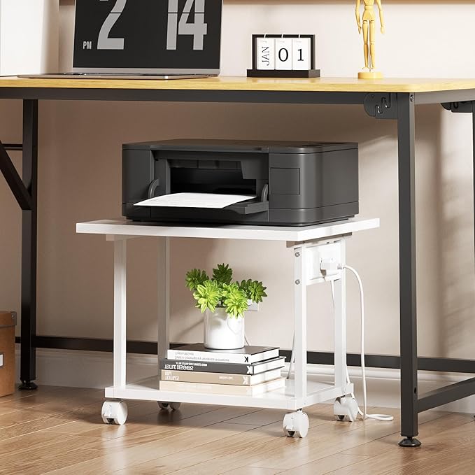 Printer Table, 2-Tier Under Desk Printer Stand with Charging Station, Printer Stand with Wheels, PrinterShelf for Small Spaces, Printer Cart for Home Office White
