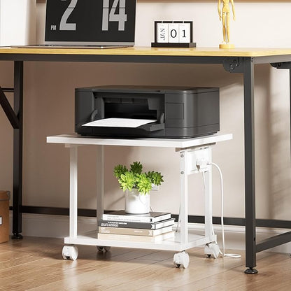 Printer Table, 2-Tier Under Desk Printer Stand with Charging Station, Printer Stand with Wheels, PrinterShelf for Small Spaces, Printer Cart for Home Office White