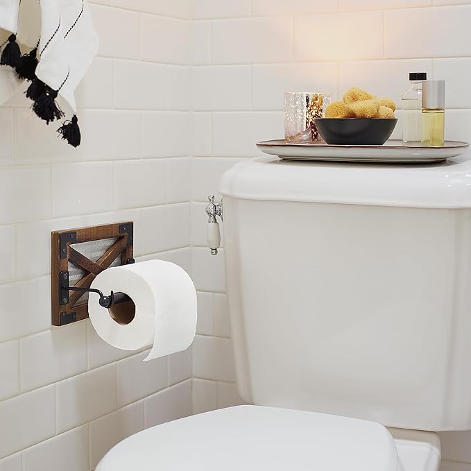 Autumn Alley Farmhouse Toilet Paper Holder with Bracket - Farmhouse Bathroom Rustic Country Decor - Rustic Bathroom Accessories Featuring Warm Brown Wood, Galvanized Metal, and Black Metal