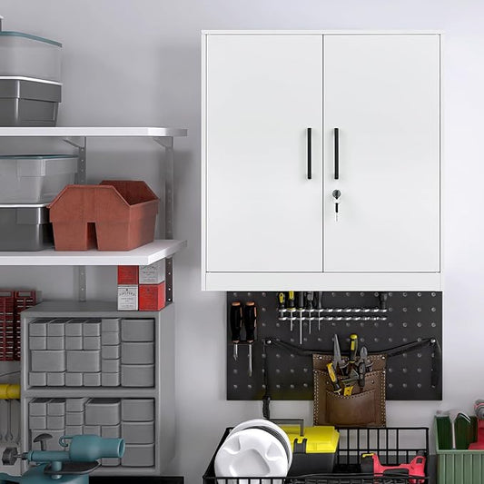 LUCYPAL Locking Storage Cabinets,Metal Cabinet with Adjustable Shelves and 2 Doors,Steel Counter Cabinet with Lockable Doors for Home Office (White)