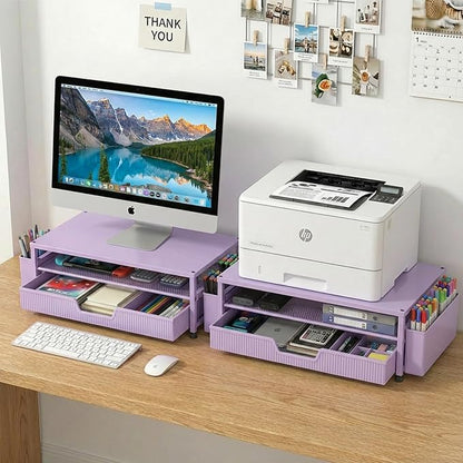 Desk Organizer and Accessories, 2-Tier Computer Monitor Stand Rise with Storage Drawer & 2 Pen Holders, Laptop & Printer Stand for Desktop, Workspace Organizers for Office Supplies (Purple)