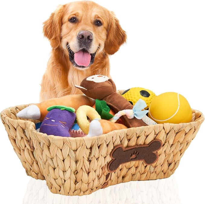 ELONG HOME Wicker Basket for Pet Toys, 2 Pack Stylish and Natural Dog and Cat Toy Basket, Dog Storage Organizer with Bone Shape