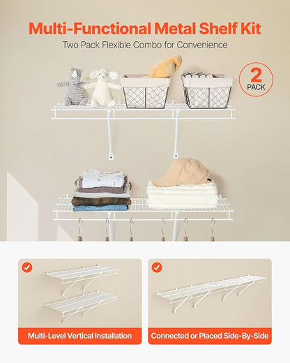 VEVOR Wire Shelf Kit, 3 ft, Set of 2, Wall Mounted Wire Shelves, Heavy-Duty Carbon Steel Hanging Shelf, Floating Wall Storage Shelves with Dip Coating, for Closet, Bedroom, Living Room, Office, Pantry