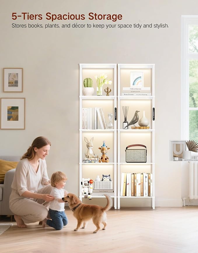 5 Tier Tall Display Shelves with LED Lights, Touch & Remote Control, Dimmable Display Cabinet, Open Bookshelf with 3 Color Temperature, Timer for Living Room, Bedroom, Home Decor(White)