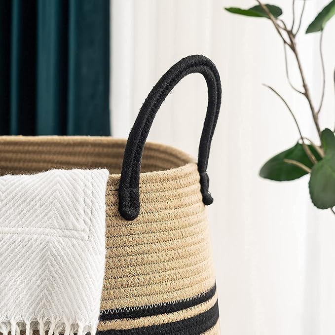 Jute Rope Laundry Hamper by YOUDENOVA, 105L - Woven Collapsible Laundry Basket - Clothes Storage Basket for Blankets organizing, Bedroom Storage, Clothes Hamper – Brown & Black