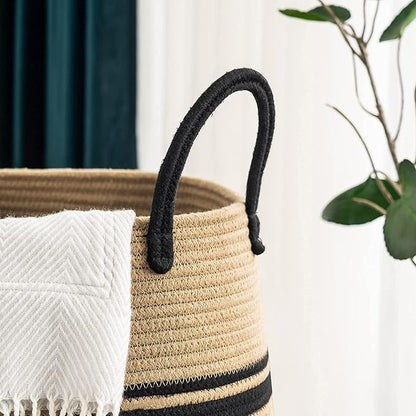 Jute Rope Laundry Hamper by YOUDENOVA, 105L - Woven Collapsible Laundry Basket - Clothes Storage Basket for Blankets organizing, Bedroom Storage, Clothes Hamper – Brown & Black