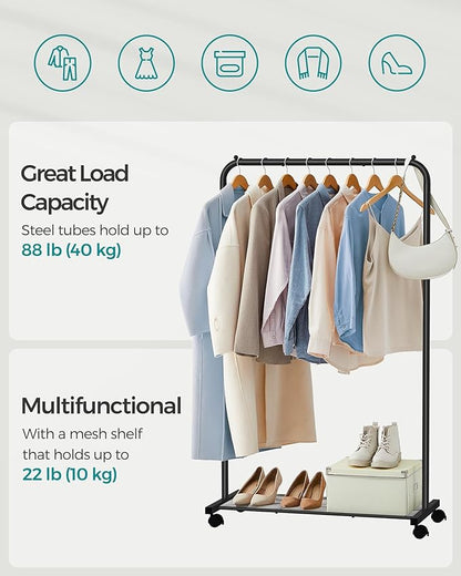 SONGMICS Clothes Rack with Wheels, Clothing Rack for Hanging Clothes, 25.4 mm Metal Garment Rack with Dense Mesh Storage Shelf, 110 lb Load Capacity, 2 Brakes, Black UHSR25BK