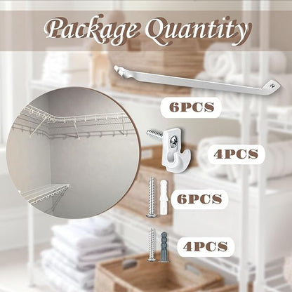 6PCS 12 Inch Wire Shelf Brackets, Heavy Duty Wire Shelving Support Brackets, Closet Rack Support with 4 PCS Wire Shelf Clips, Closet Wire Shelf Support Brackets for Laundry, Closet, Garage