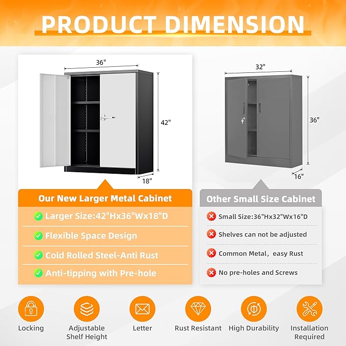 INTERGREAT 42" Steel Locking Cabinet with Doors and Shelves - Black/Grey Utility Cabinet for Home, Office, Garage, Kitchen