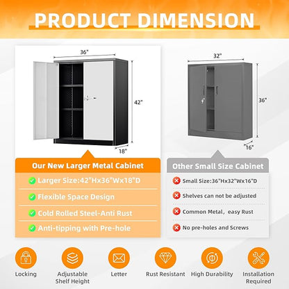 INTERGREAT 42" Steel Locking Cabinet with Doors and Shelves - Black/Grey Utility Cabinet for Home, Office, Garage, Kitchen