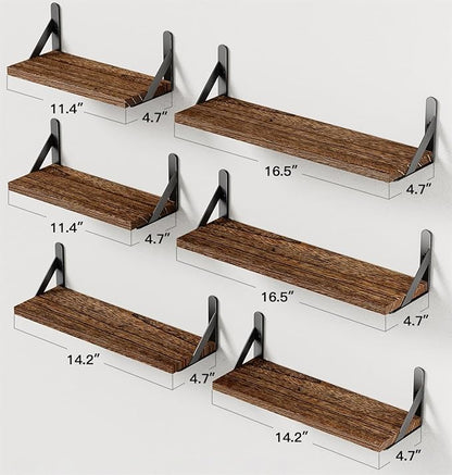 AMADA HOMEFURNISHING Wall Shelves Set of 6, Rustic Farmhouse Floating Shelves for Bedroom, Bathroom & Living Room, Brown