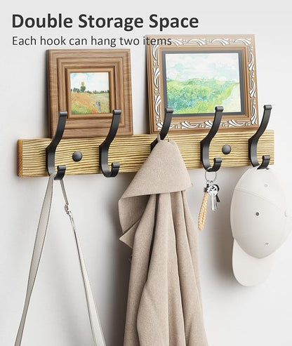 Coat Rack Wall Mount, 16.5 Inches Wood Coat Hooks Wall Mount, Wall Coat Rack with 5 Hooks, Hat Rack Wall Hooks for Hanging Coat, Bag, Towel (2Pack, Natural)