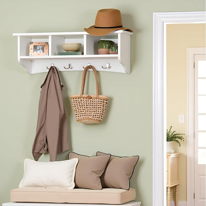 Shaker Cottage 36-Inch Wall-Mounted Coat Rack with 3 Open Shelves – Transitional Entryway Organizer, Mudroom Storage Shelf with 4 Hooks – Space-Saving Wall Storage by Alaterre Furniture (Ivory)