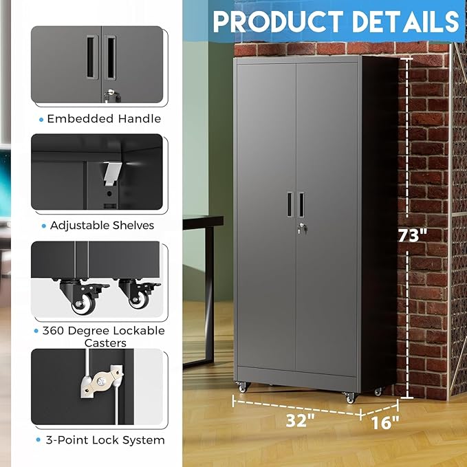 Greenvelly 73" Storage Cabinet with Wheels, Rolling Metal Cabinet with Locking Doors and Adjustable Shelves, Steel Tool Cabinet for Home Office, Garage, Warehouse, Black(32" W x 16" D)