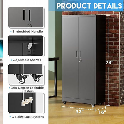 Greenvelly 73" Storage Cabinet with Wheels, Rolling Metal Cabinet with Locking Doors and Adjustable Shelves, Steel Tool Cabinet for Home Office, Garage, Warehouse, Black(32" W x 16" D)
