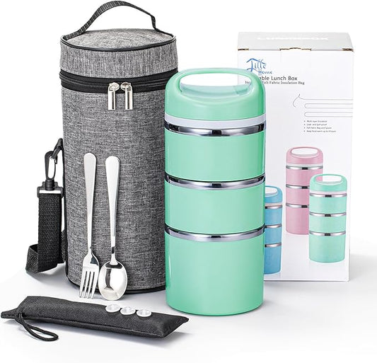 Lille Home Stackable Stainless Steel Thermal Compartment Lunch/Snack Box, 3-Tier Insulated Bento/Food Container with Lunch Bag, Utensils Set and Three Extra Seals, 43OZ