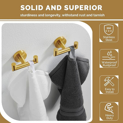 Angle Simple Towel Double Hook Brushed Dark Gold 2 PCS, SUS304 Stainless Steel Bathroom Hand Towel Holder, Double Robe Hook, Wall Mount